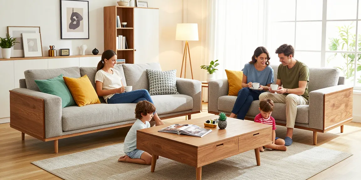 Gemütliche Familienszene im Wohnzimmer, die das Möbel Online Bestellen mit stilvollem Sofa und warmer Beleuchtung veranschaulicht.