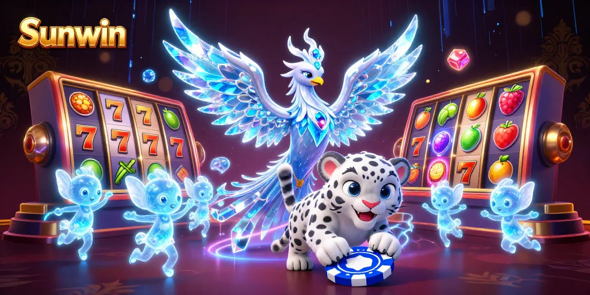 Spin the reels at Sunwin with dynamic ice phoenix and lucky poker chip amidst vibrant casino elements.