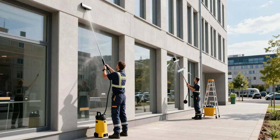 Professionelles Reinigungsteam, das die Gebäudereinigung Solothurn an einem Geschäftsgebäude durchführt und Teamarbeit sowie Fachwissen zeigt.