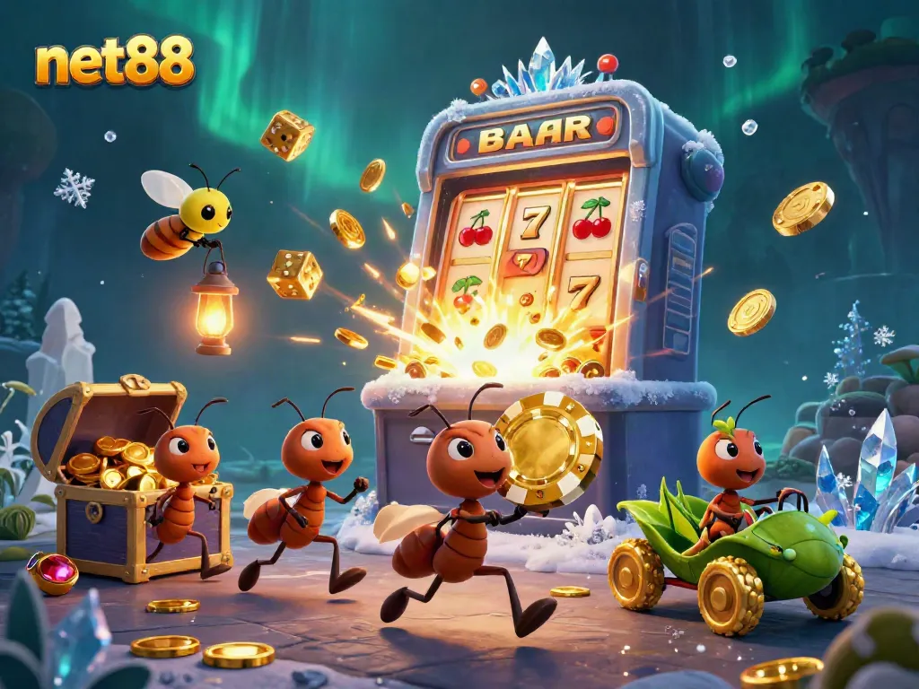 Engaging scene featuring net88-themed ants orchestrating a casino heist while evading an alert firefly.