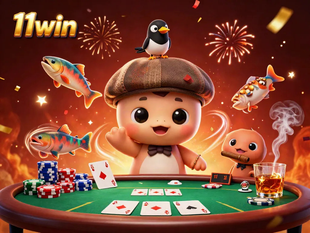 Engage in exciting casino games with 11win featuring charming characters, poker elements, and vibrant celebrations.