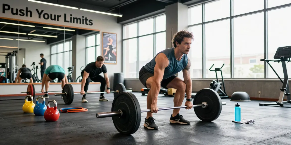 Eine dynamische Fitnessszene im Selliza Shop mit einem Athleten, der perfekt eine Deadlift-Übung ausführt.
