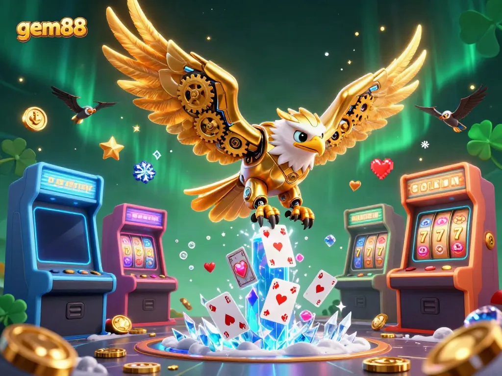 Engage in thrilling gameplay with gem88, featuring a cybernetic eagle soaring through a vibrant casino scene.
