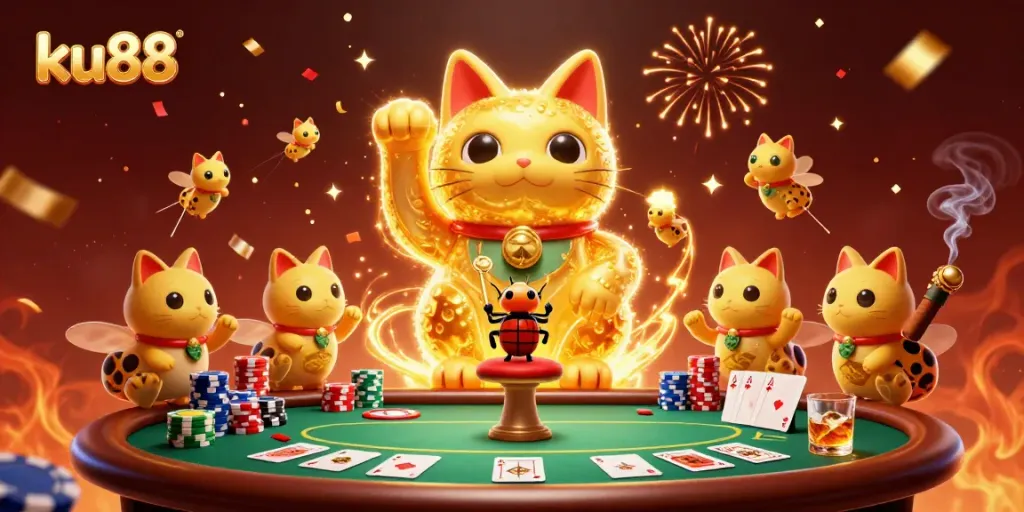 ku88 showcases a vibrant 3D illustration of a lucky cat and casino elements creating a festive gaming atmosphere.