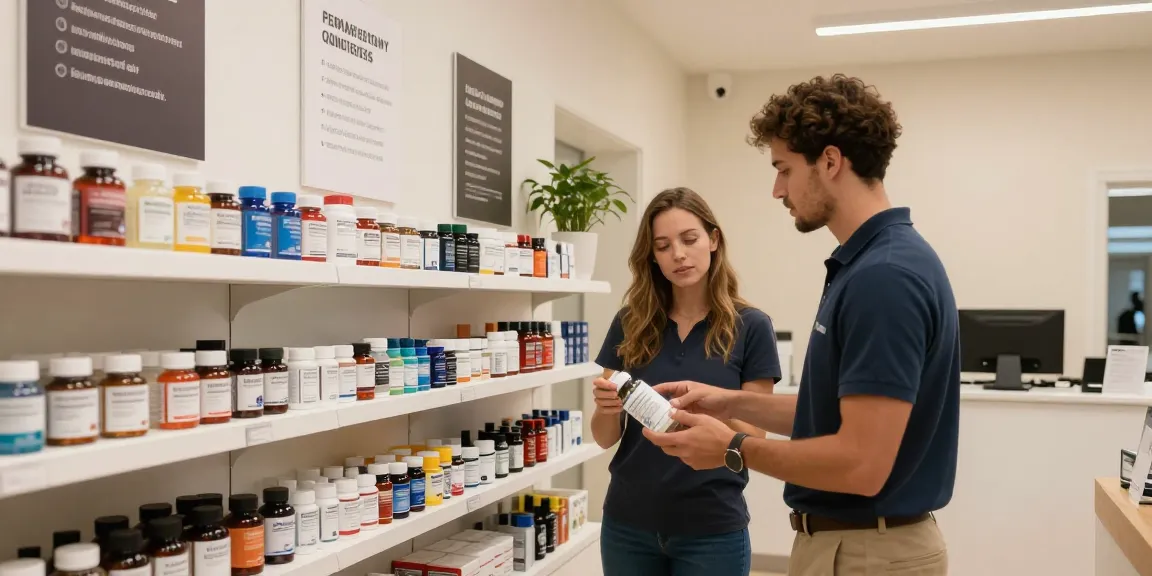 Prime Pharma Shop mit einem Kunden, der Anabolika betrachtet und kompetente Beratung erhält.
