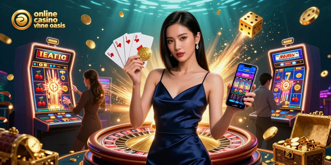 Engage at the online casino ohne oasis with a stunning Asian woman showcasing a casino app and golden chip amid dynamic gaming visuals.