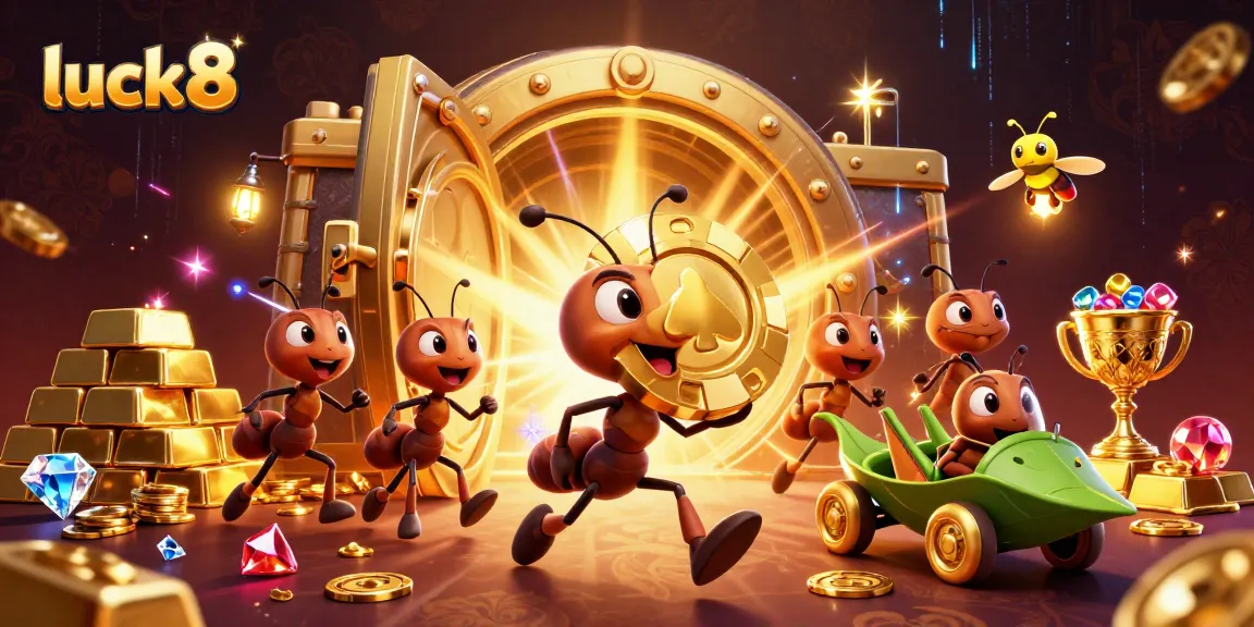 Winning strategies at luck8 come alive with ants heisting golden poker chips in a vibrant 3D casino.