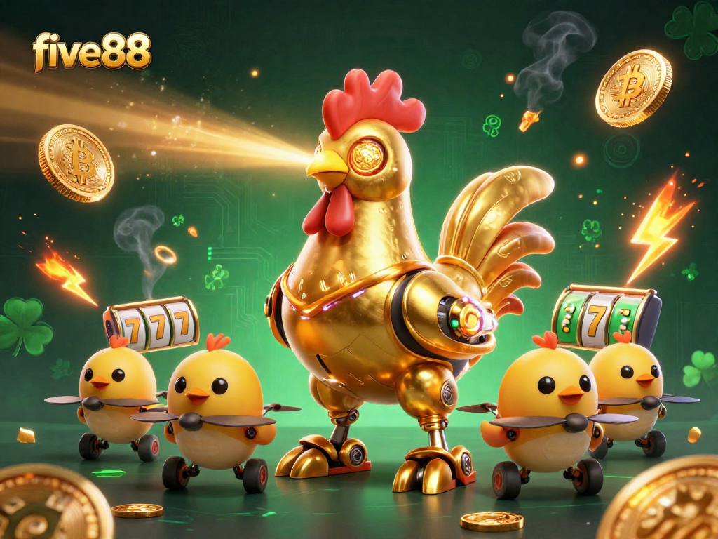 Engage with five88 in an exciting 3D casino scene featuring a golden rooster robot and vibrant game elements.