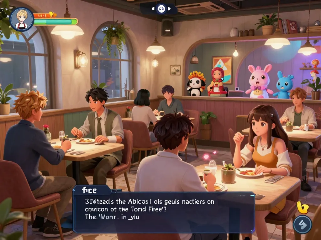 Engaging online porn game scene featuring diverse animated characters in a romantic digital café environment.