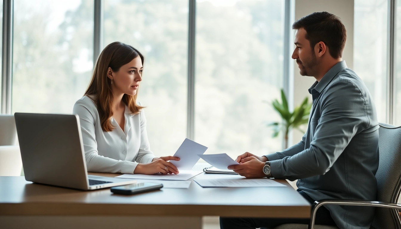 Hausverkauf bei Scheidung: Professional couple discussing their house sale in a bright office.
