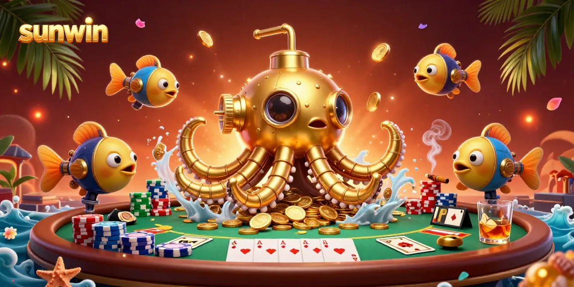 Experience the sunwin journey with a kraken submarine and poker elements in bold colors.