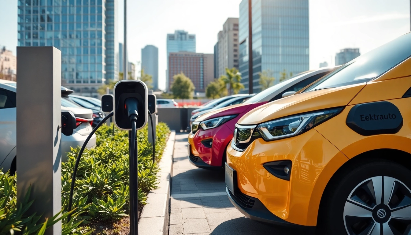 Elektroautos laden an einer modernen Ladestation in einer urbanen Umgebung.