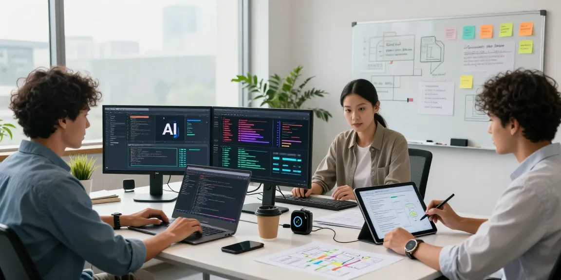 Build internal tools with AI in a collaborative workspace, featuring a diverse team coding and planning