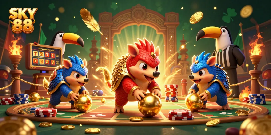SKY 88 pangolins competing in a vibrant casino scene filled with slot reels and poker chips.