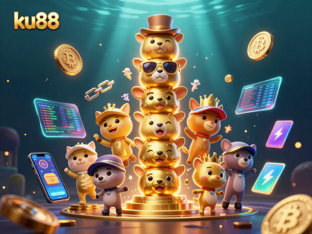 Experience the thrill of ku88 with vibrant 3D casino elements and glowing cryptocurrencies.