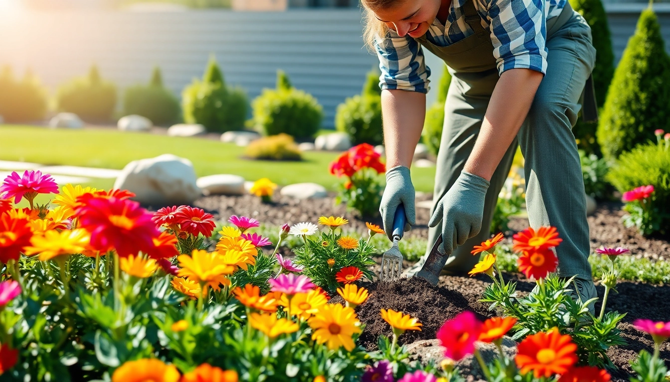 Galabauer planting vibrant flowers in a beautifully landscaped garden.