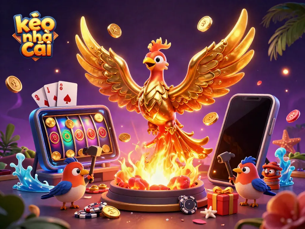Experience the thrill of kèo nhà cái with a molten phoenix and dynamic gaming elements in a vibrant 3D scene.
