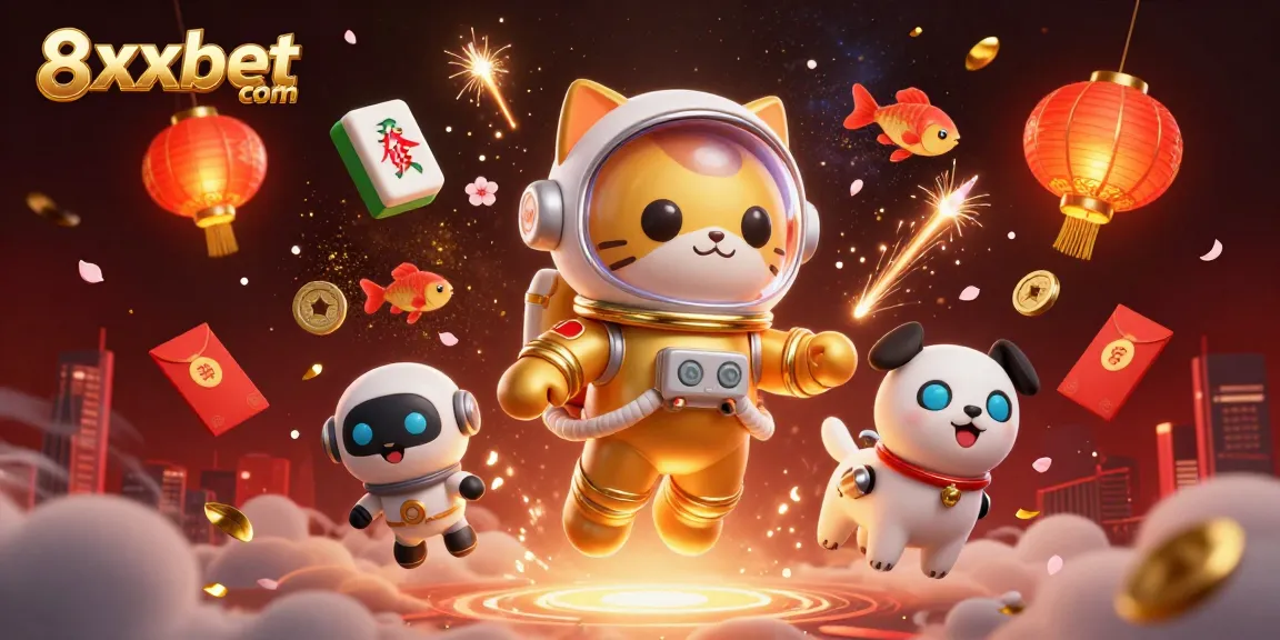 Experience the excitement at 8xbet com with vibrant visuals featuring an astronaut cat and dynamic gambling elements.