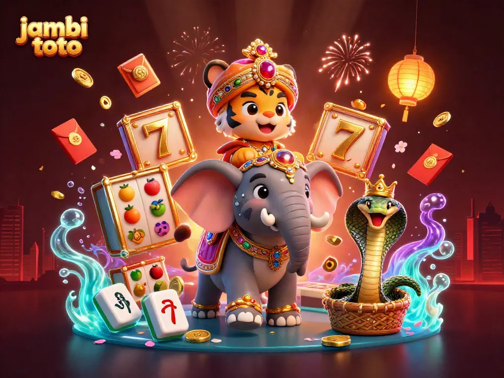 Engage in thrilling gaming with jambi toto featuring vibrant slot reels, lucky icons, and colorful characters.