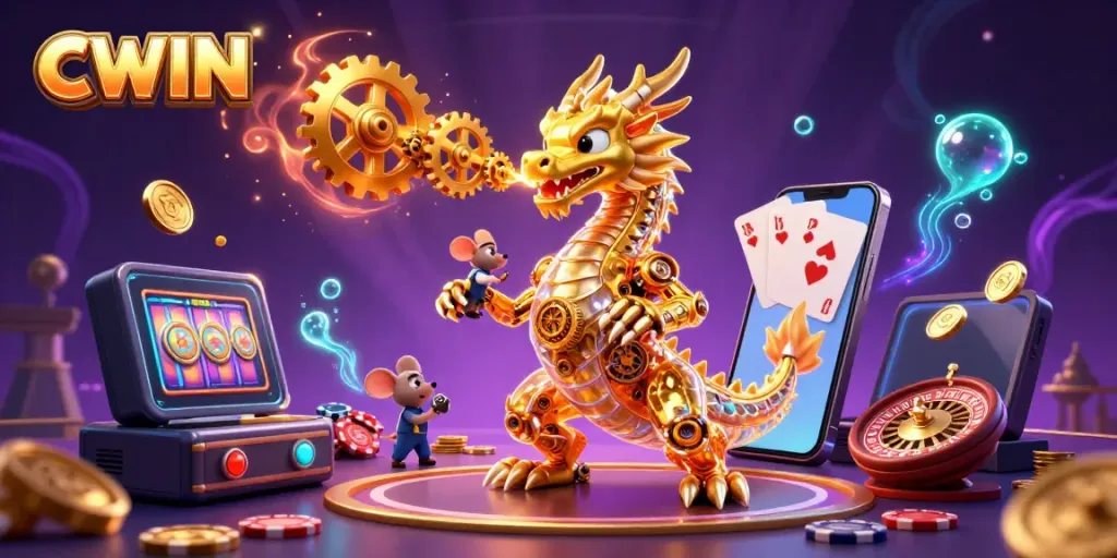 CWIN entertaining gamblers with a 3D golden dragon breathing gears in a vibrant casino scene filled with games, coins, and excitement.