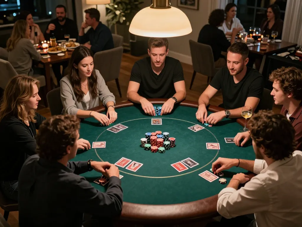 Players enjoying a friendly home poker game, showcasing strategic gameplay on trang chủ lc88.