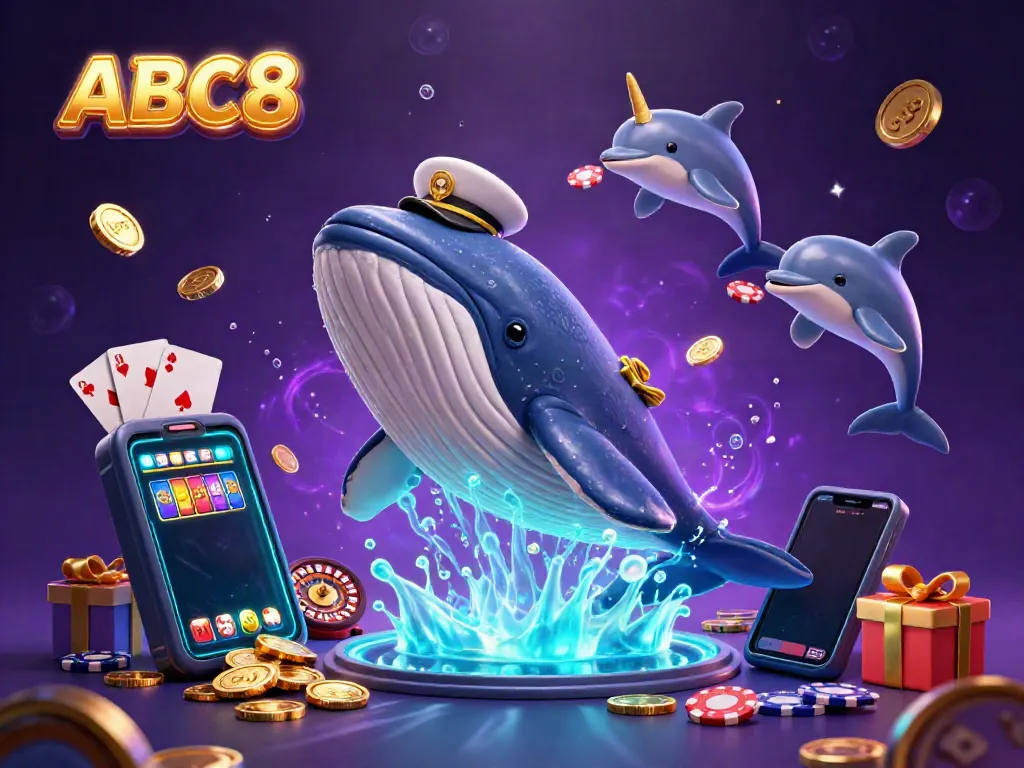 Experience the vibrant world of ABC8 casino with a whale captain, narwhal, and playful dolphins, surrounded by gaming treasures.