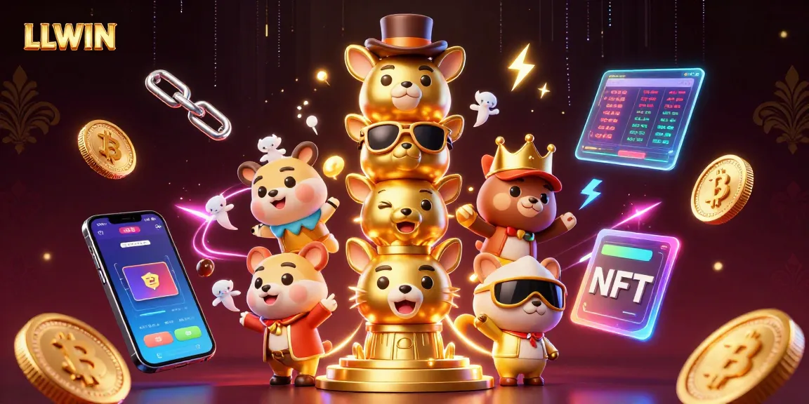 Engage with LLWIN's vibrant casino experience through this dynamic 3D illustration featuring golden totem and crypto elements.