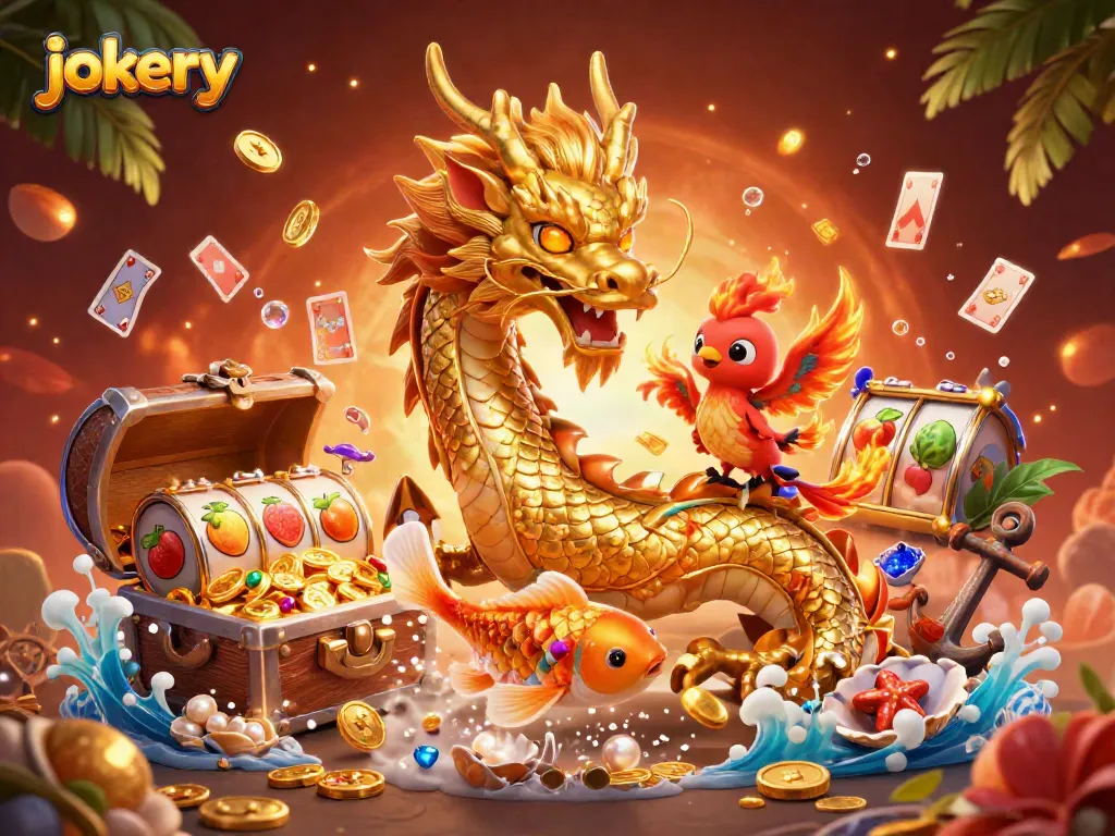 Experience the excitement of jokery with vibrant casino characters and slot elements in this dynamic illustration.