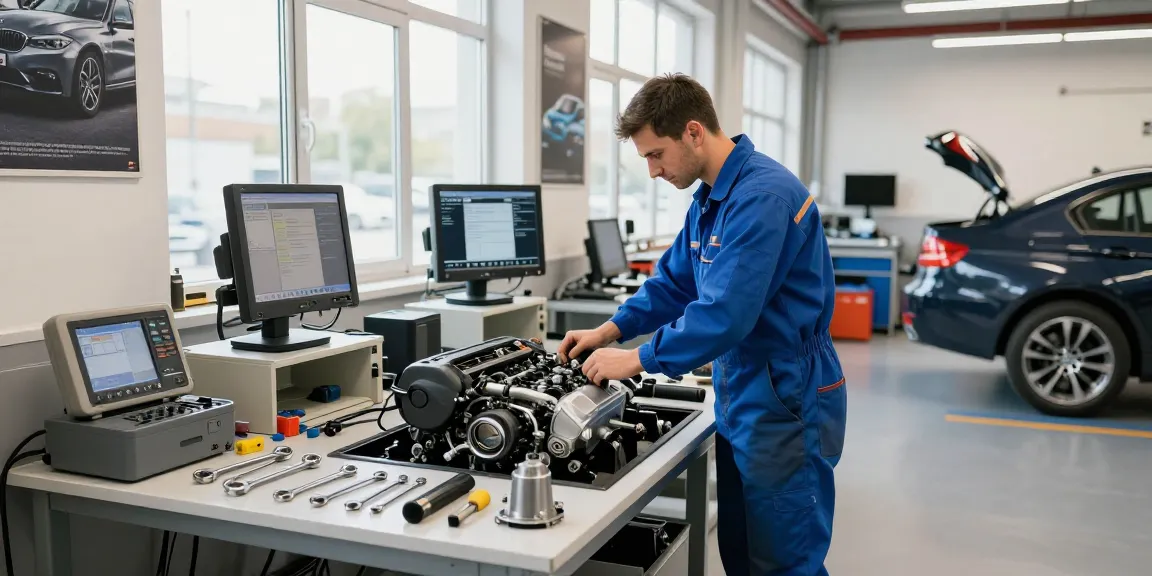 Fachmechaniker diagnostiziert einen BMW-Motor in einer professionellen BMW Werkstatt.