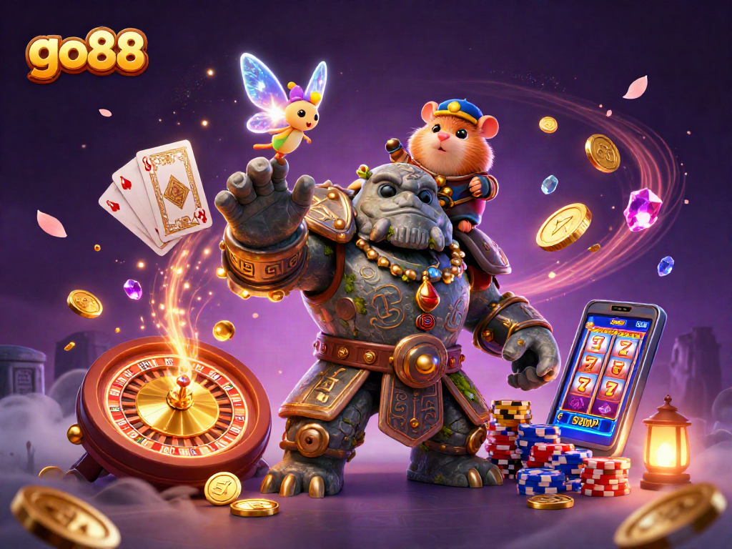 Spin to win with go88 as the golem guardian and fairy create a magical casino experience.