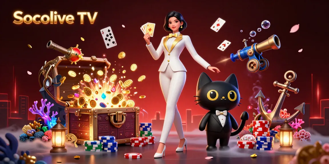 Socolive TV shuffles cards with a tuxedo cat in a vibrant digital casino scene.