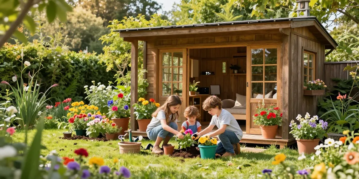 Ein wunderschönes Gartenhaus umgeben von bunten Blumen und einer Familie, die gemeinsam im Garten arbeitet, ideal für ein Gartenprojekt.