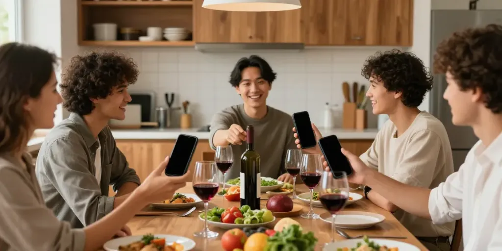 Freunde nutzen die Wein scannen App, um ihre Flaschen zu erfassen und zu bewerten.