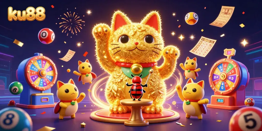Engage in thrilling gameplay at ku88 with a vibrant illustration of a lucky cat and casino symbols.