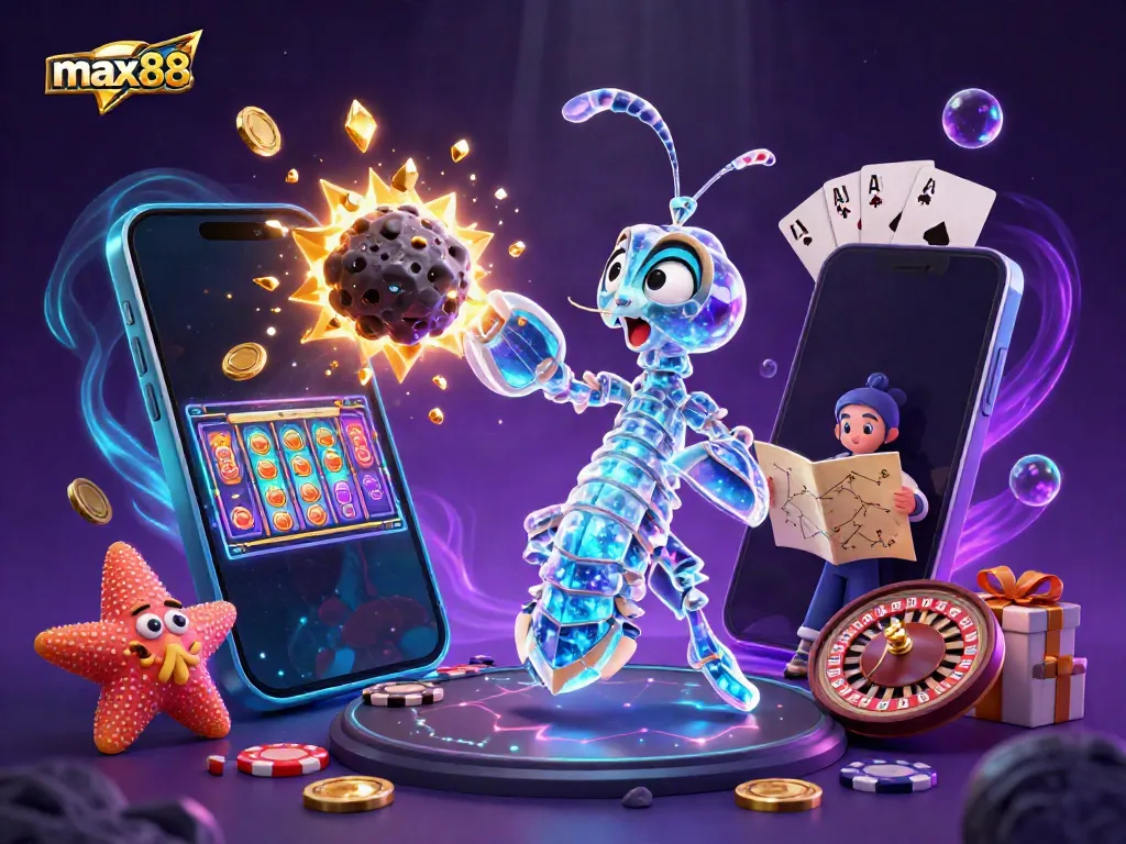 Experience excitement with max88 in this vibrant 3D illustration featuring galactic characters and dynamic casino games.