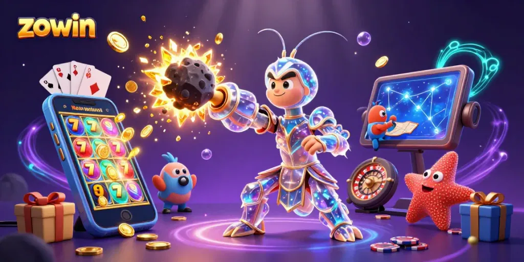 Zowin unlocks thrilling wins in this vibrant 3D casino scene with animated characters and classic game elements.