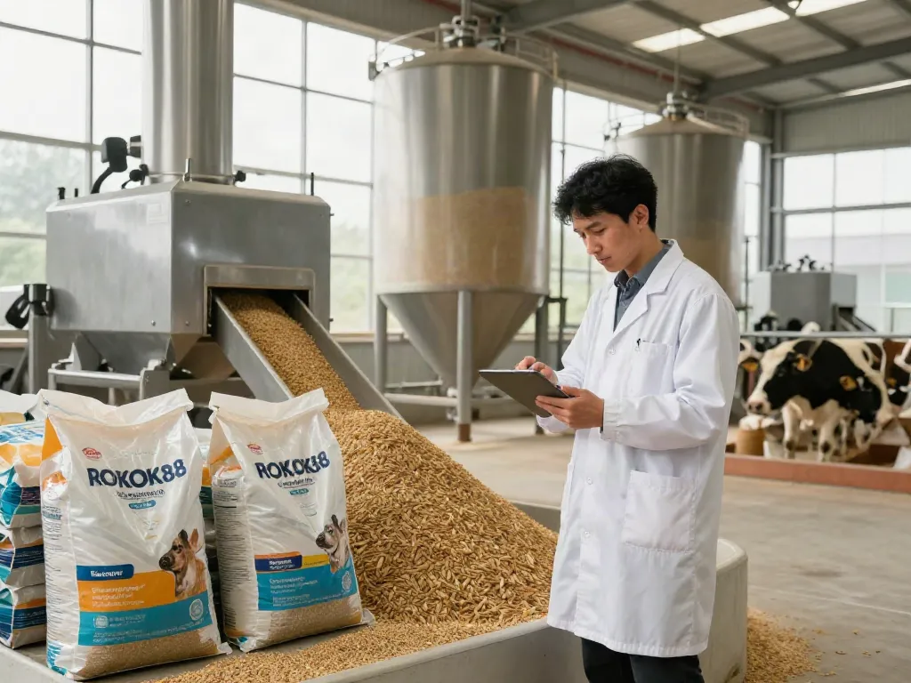 High-quality ROKOK88 link animal feed production scene showcasing a technician ensuring premium standards.