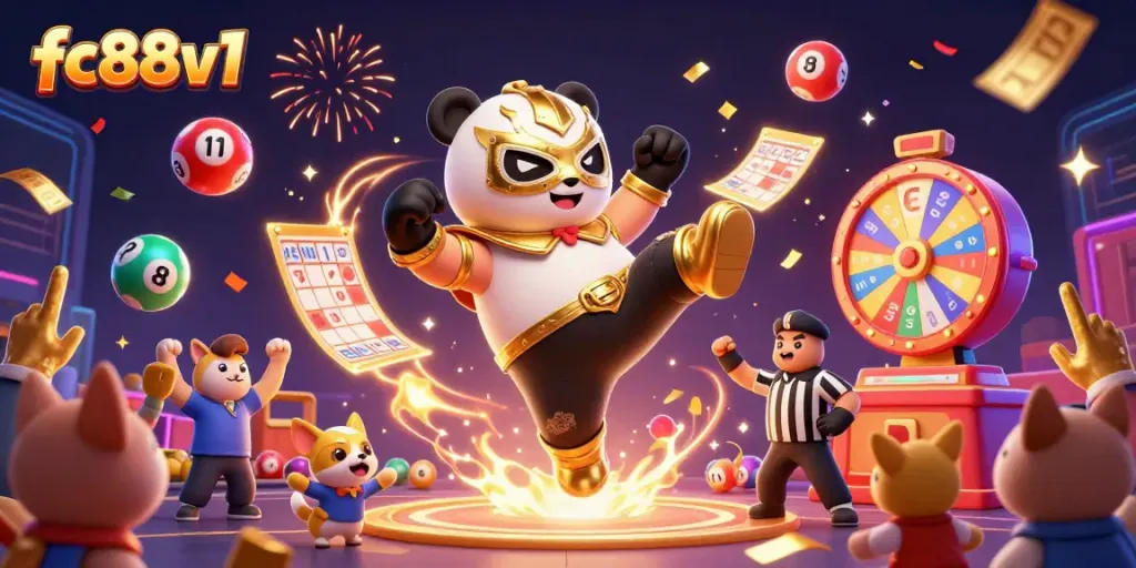 Experience the excitement of fc88v1 with a dynamic 3D illustration featuring a lucha libre panda flying kick amidst colorful casino elements.