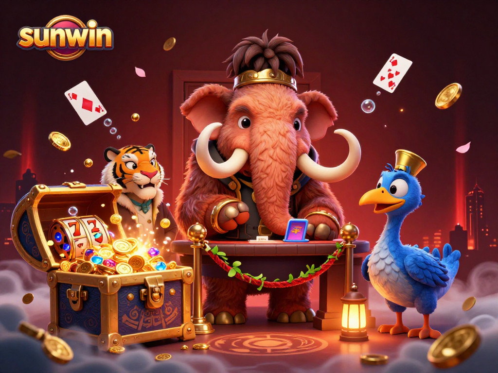 Join the vibrant "sunwin" casino illustrated scene with VIP guests and treasure-filled excitement!