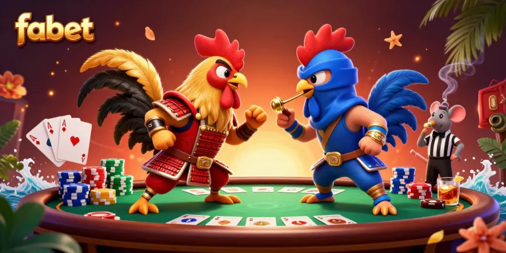 Experience thrilling battles with fabet's fighting roosters amidst poker elements in a vibrant casino showdown.