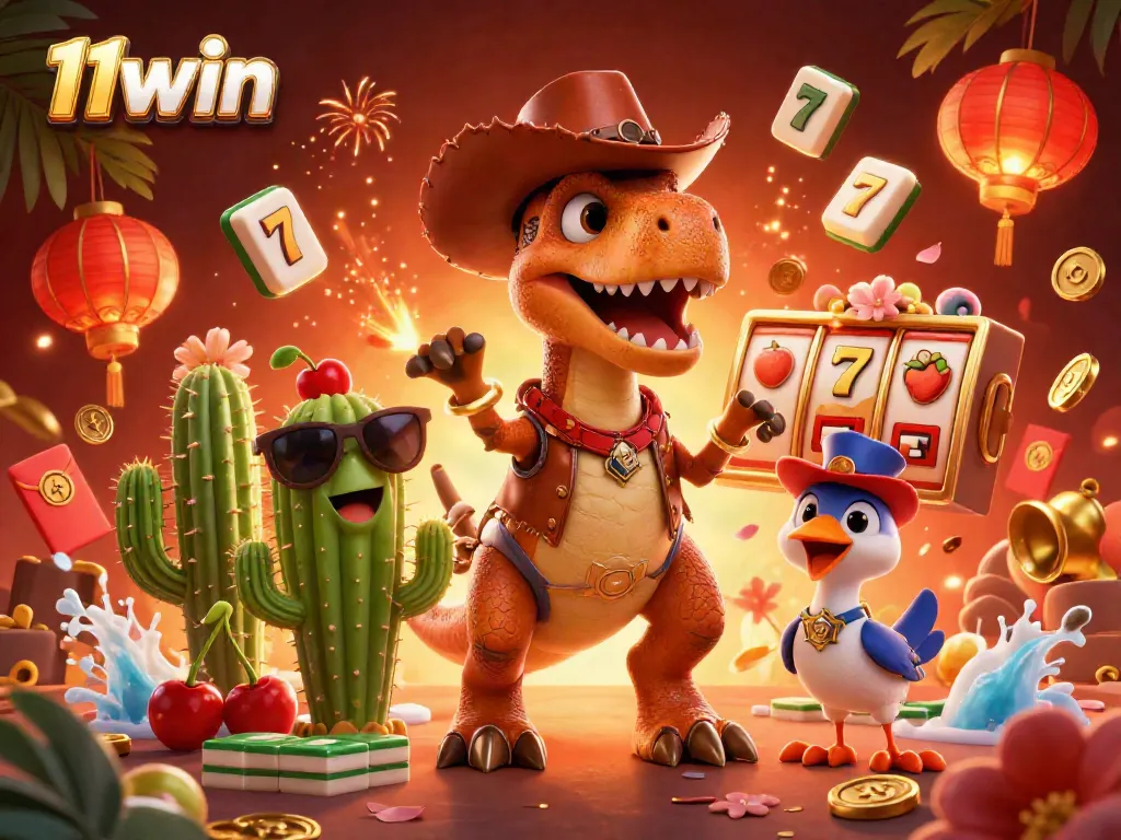 Experience the excitement at 11win with a dynamic scene featuring a cowboy dinosaur, cactus, and roadrunner amidst vibrant casino elements.