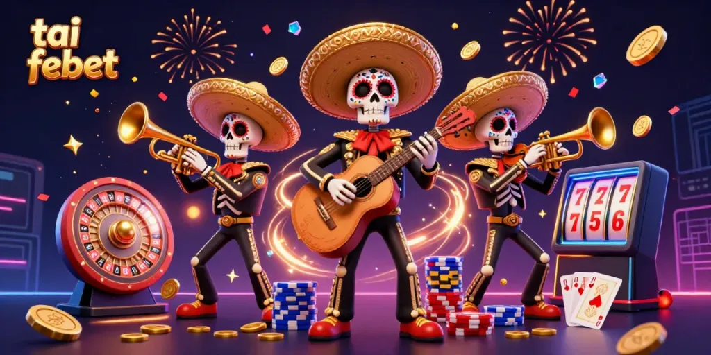 Experience vibrant excitement at tai febet as skeleton mariachi players animate a casino celebration with coins and confetti.
