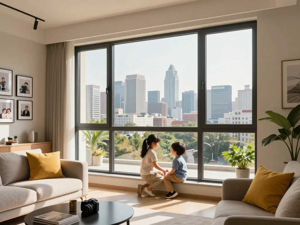 Familie genießt das natürliche Licht durch Fensterschüco-Fenster im modernen Wohnraum.
