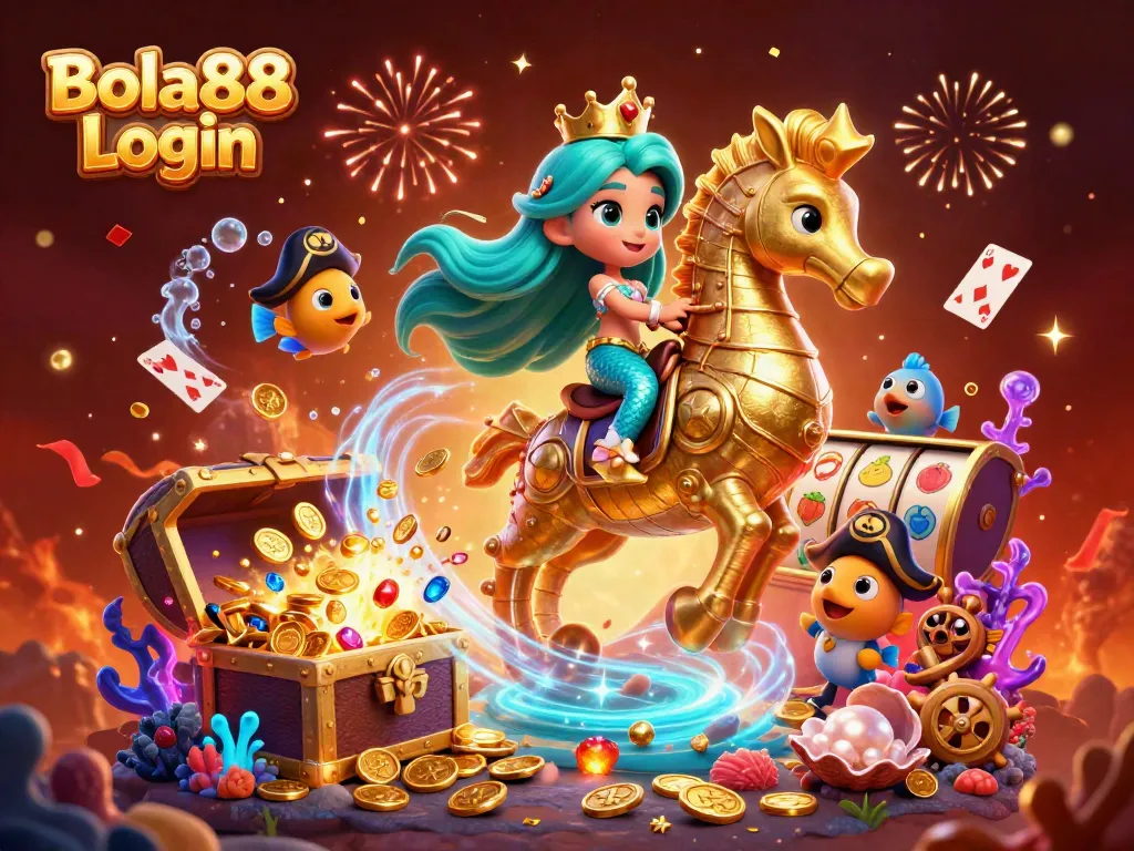 Bola88 Login showcases a vibrant underwater casino scene with treasures and characters in action.