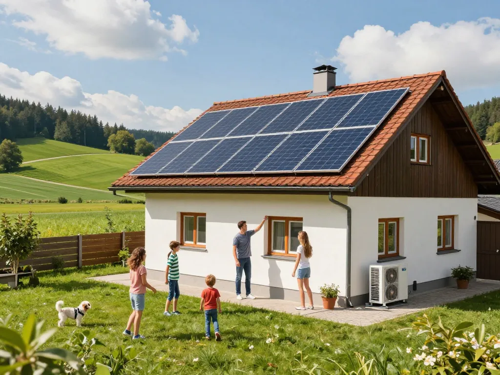 Familie in Bayern prüft Solarpanels auf ihrem Dach in einer sonnigen bayerischen Umgebung.