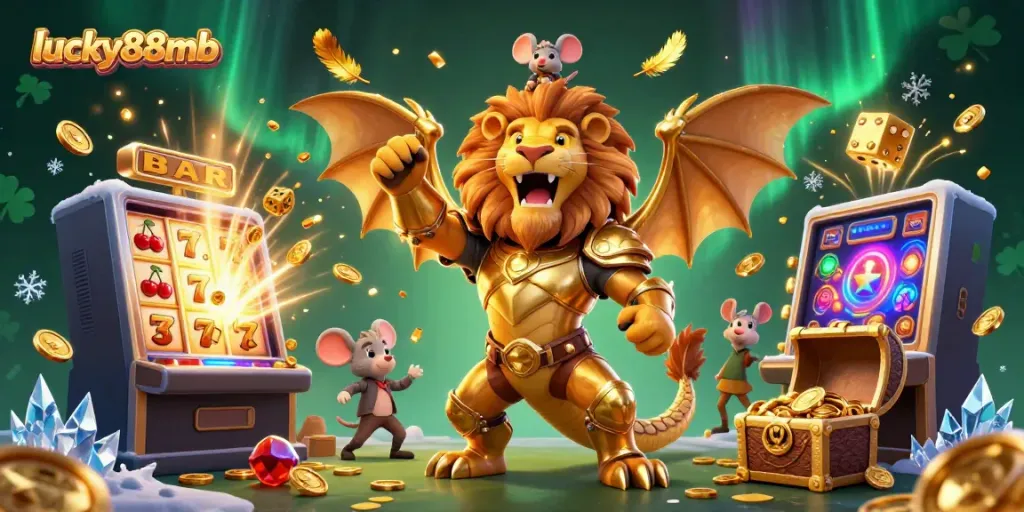 Experience thrilling wins with lucky88mb, where a golden chimera creature and mouse jockey celebrate a jackpot.