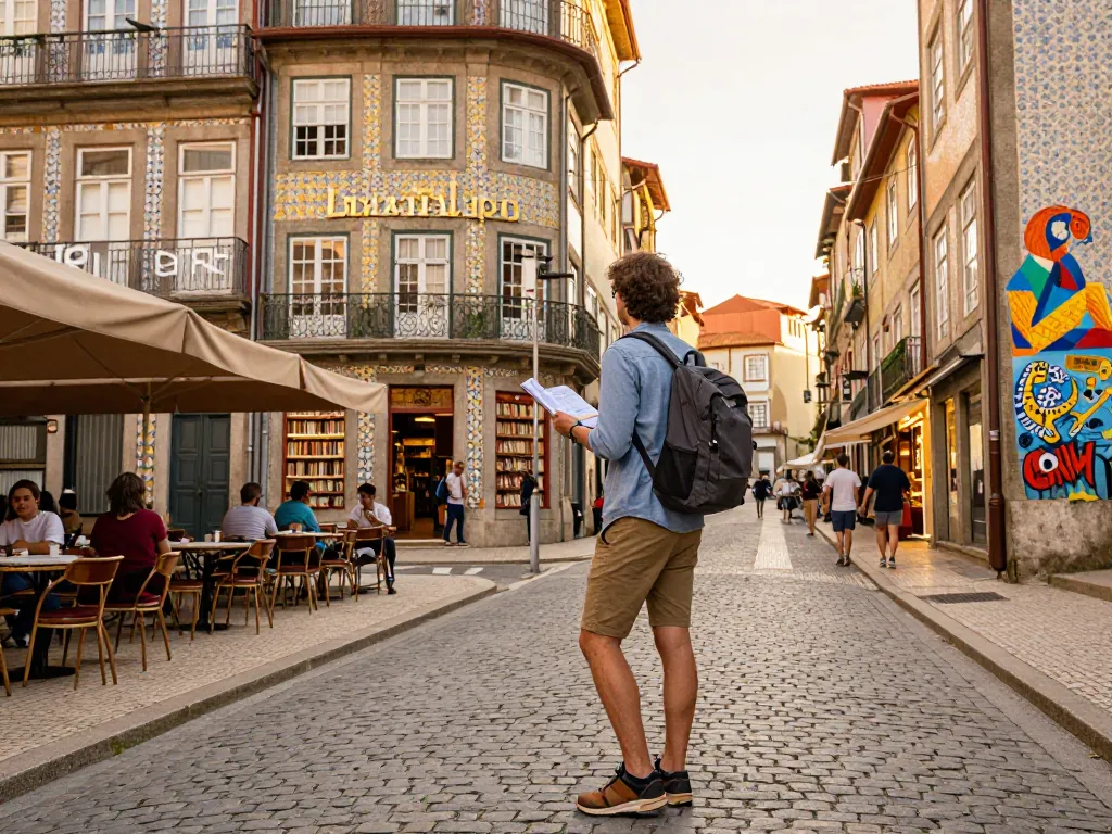 Lebhafte Reiseszene, die die Reisetipps für Porto zeigt, mit einem Reisenden, der die bunten Straßen und ikonischen Sehenswürdigkeiten erkundet.