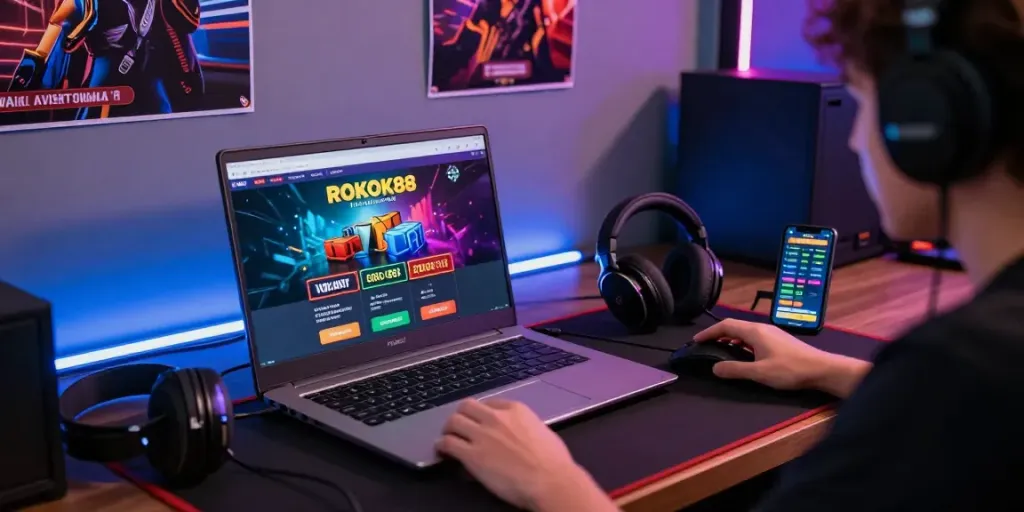 Player using rokok88 link alternatif on a laptop in a cozy gaming setup with vibrant LED lighting.