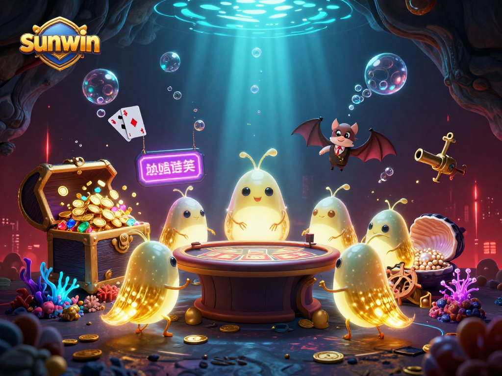 Illuminate your gameplay with sunwin in this vibrant cave casino scene featuring glowing characters and treasure.