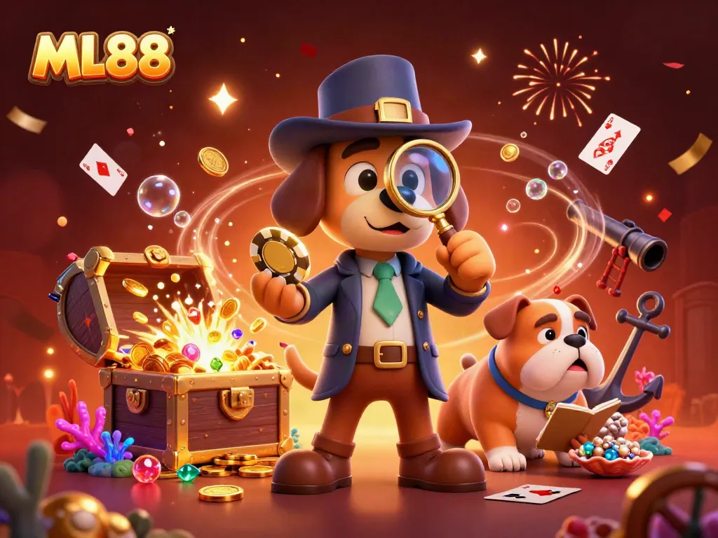 ML88's vibrant gaming scene showcases excitement with a detective and treasure clues in a casino.